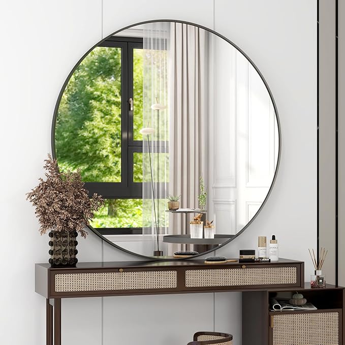 32 Inch Round Bathroom Mirror - Black Wall Mounted Circle Mirror with Metal Frame, Modern Round Hanging Mirror Suitable for Bathroom, Vanity, Entryway, Living Room