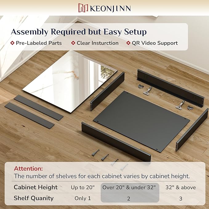Keonjinn Black Medicine Cabinet for Bathroom with Mirror 16 x 24 Inch, Assembly Required, Lightweight, Tempered Glass, Free Adjustable Shelves, Recessed or Wall Mount, Bathroom Mirrors with Storage