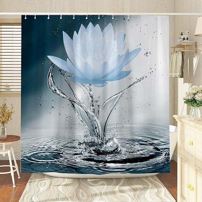 Lotus Shower Curtain Black White Blue Flower Elegant Blooming Floral with Dew Spring Flower Reflection on Water Modern Romantic Polyester Fabric Bathroom Decor 70×78 Inch with Hook