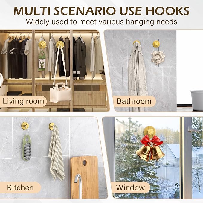 Shower Suction Cup Hooks, Heavy Duty Bathroom Wall Hooks for Towels, Robes, Loofahs, Removable Metal Hook for Tile Glass Mirror, No Drill(4 Pack, Gold)