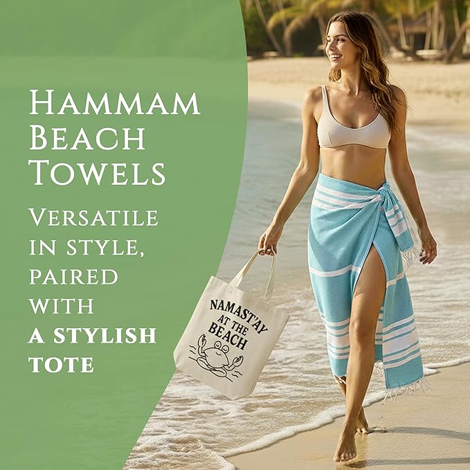 Turkish Cotton Beach Towel Pack of 4 & 1 Boho Tote Bag - Hammam Towels - No Shrink - Quick Dry - Lightweight - Sand Free - Camping - Pool - Tanning - Beach Essentials - Sky Blue (40"x70")