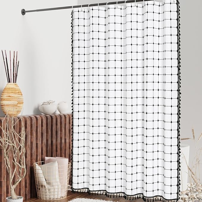 MitoVilla Ivory Boho Black Farmhouse Shower Curtain Set 72 x 78, White 78 inch Long Polyester Linen Tassel Fabric Shower Curtain Set for Chic Cottagecore French Rustic Bathroom Decor