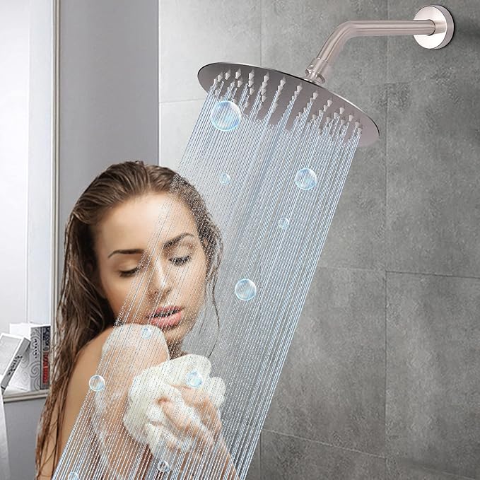 HarJue Shower Arm with Flange and Teflon Tape, Wall Mounted Shower Pipe 304 Stainless Steel Extension Arm for Fixed Shower Head & Handheld (8 Inch, Brushed Nickel)