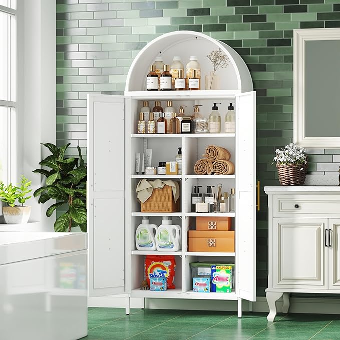 GangMeri Farmhouse Kitchen Pantry Cabinet, Arched Storage Cabinet with Doors and Adjustable Shelves, Tall Freestanding Cupboard for Laundry, Dining Room, Living Room, Bathroom(White)