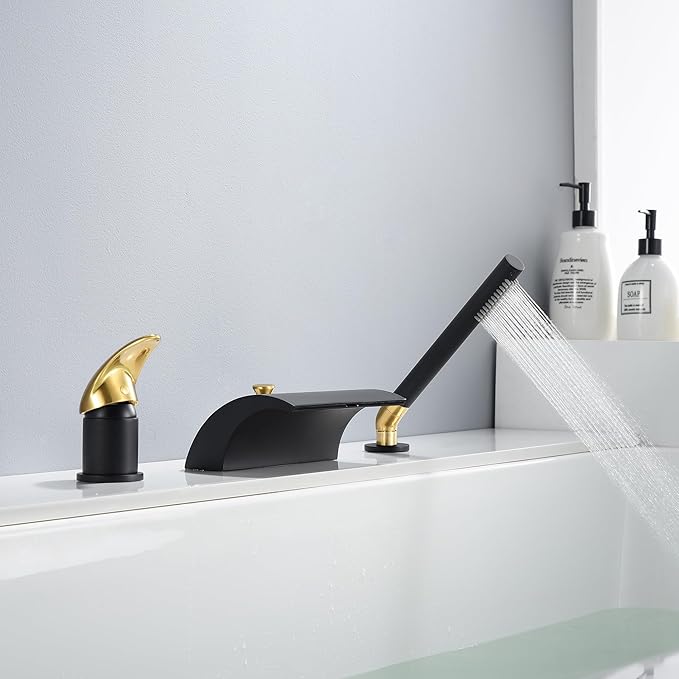 SUMERAIN Waterfall Roman Tub Faucet Deck Mount Bathtub Faucet Brass Tub Filler with Hand Shower, Black and Gold Finish