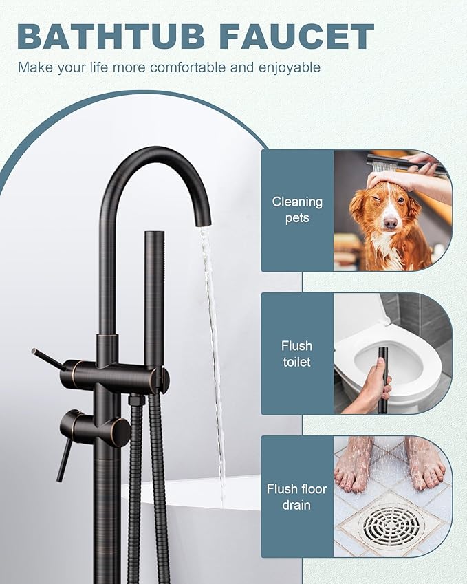 Freestanding Tub Filler Faucet Bronze: High Flow Brass Floor Mount Bathtub Filler, Swivel Gooseneck Spout with Single Handheld Sprayer for Bathroom Shower, Oil Rubbed Bronze