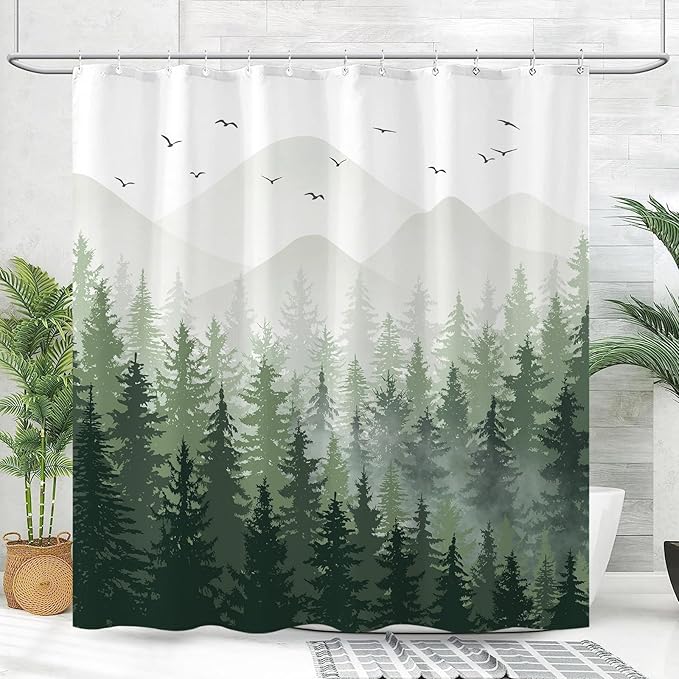 Aipon Green Misty Forest Shower Curtain Ombre Nature Tree Plants Shower Curtains Fabric Waterproof Mountain Shower Curtain Sets for Bathroom Bath Decor with 12 Hooks (Green, 72'' × 72'')