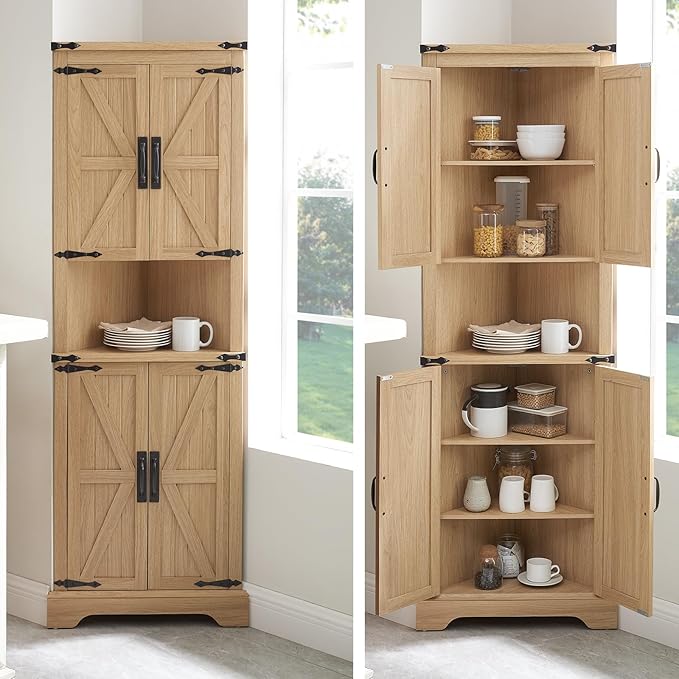 Tall Farmhouse Corner Cabinet with 4 Doors and Adjustable Shelves, Farmhouse Storage Cabinet with Barn Door Design, Home Space Saver for Living Room, Kitchen, Laundry Room (Natural Oak)