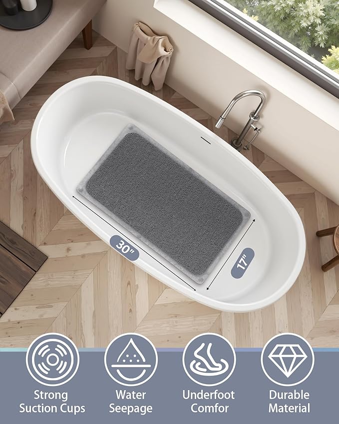 Mecko Non-Slip Shower Mat, Anti-Slip Bath Mat with Suction Cups – Quick-Drying Loofah Texture for Tub with for Indoor and Outdoor Use, Bathtubs and Wet Areas (Grey, 17"x30")