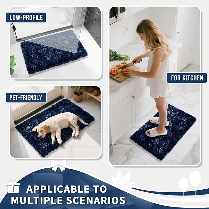 Yimobra Long Bathroom Rugs Runner 55x24 Inch, Extra Thick Soft Absorbent Chenille Bath Mat, Non Slip Machine Washable, Quick Dry Bath Rugs for Bathroom Floor, Tub and Shower, Navy Blue