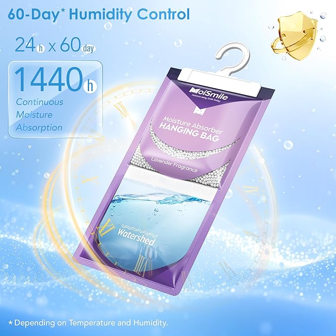 Moisture Absorbers 30 Pack Lavender Fragrance, Hanging Closet Dehumidifier Bags, Humidity Absorber, Compact Eliminates Odors Humidity Packs for Car, Bathroom, Bedroom, Basement, 9.8OZ