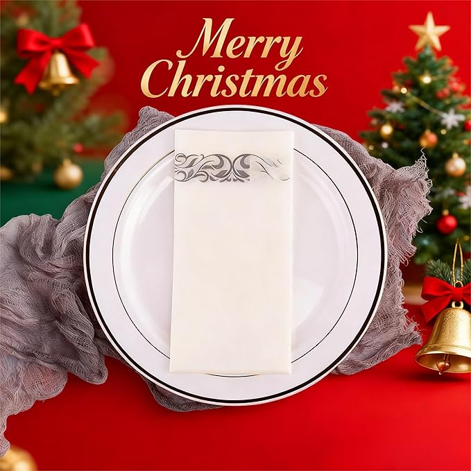 JOLLY CHEF 100 Disposable Hand Towels, Soft and Absorbent Linen Feel Dinner Napkin, Elegant Decorative Paper Guest Towels for Kitchen, Bathroom, Weddings, Parties, Silver and White