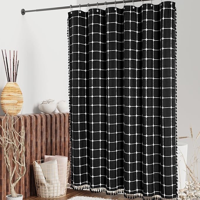 MitoVilla Black Boho Shower Curtains for Modern Farmhouse Bathroom Decor, Vintage Country Thick Polyester Linen Fabric Shower Curtain, Rustic Tassel Cloth Shower Curtain, 72 x 72