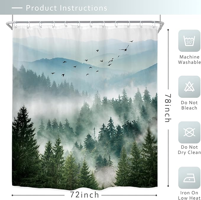 Riyidecor Long Green Shower Curtain 72Wx78H Inch Mountain Scenery Natural Pine Tree View Rustic Scene Landscape Netural Mens Women Bathroom Decor Fabric Polyester Waterproof 12 Pack Hooks