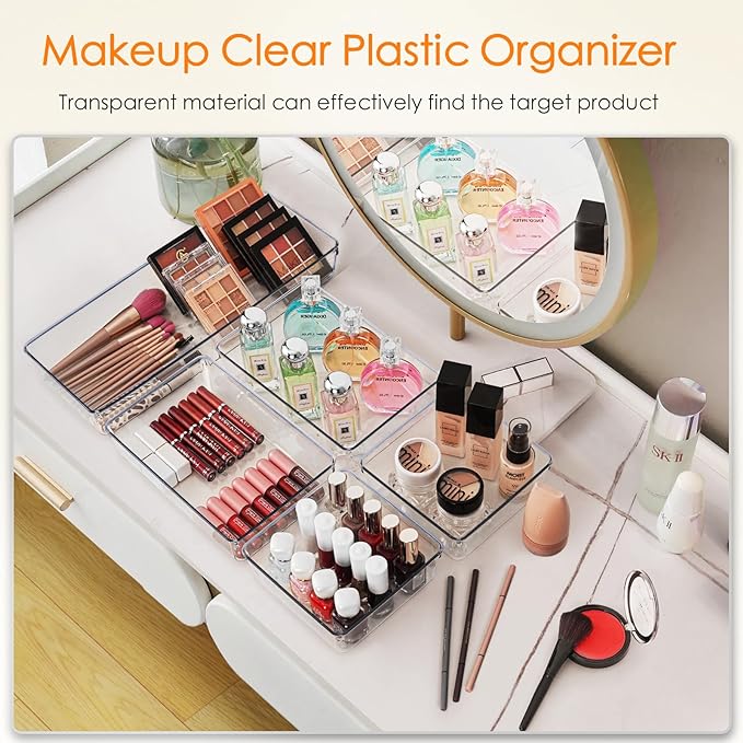 Criusia Drawer Organizer, 10 Pack Large Clear Plast Set, 3 Size Versatile Bathroom and Vanity Organizer Trays, Storage Bins for Makeup, Bedroom, Kitchen Utensils