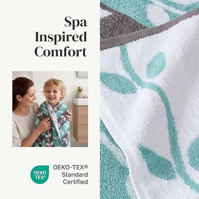 Modern Threads Organic Vines 6-Piece 100% Cotton Towel Set – Yarn Dyed Jacquard & Solid – Includes 2 Bath Towels, 2 Hand Towels, 2 Washcloths – Absorbent, Quick Dry, Soft & Durable – Aqua