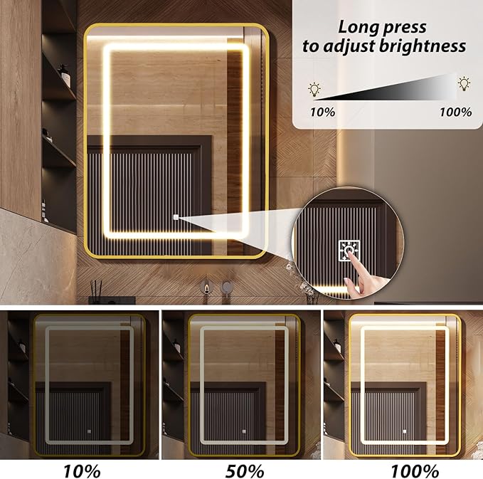 APRILSOUL 16X24 Inch Gold Bathroom Medicine Cabinet with Mirror, Recessed or Surface Lighted Medicine Cabinet with 3 Colors Temperature, Dimmable Light
