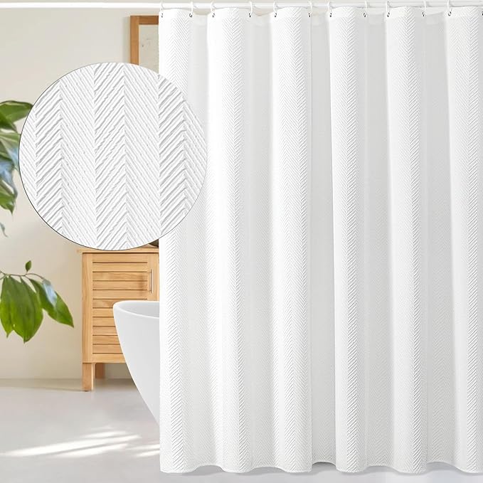 Gibelle White Shower Curtain, 3D Embossed Textured Herringbone Fabric Modern Farmhouse Bathroom Decor Soft Cloth Curtain Set with Hooks, 72x72