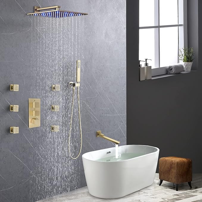 Thermostatic Brushed Gold Shower System with Tub Spout Shower Faucet Set 12 Inch Wall Mounted LED Full Body Rain Shower System with Body Jets, Handheld Spray, Brass Shower Valve