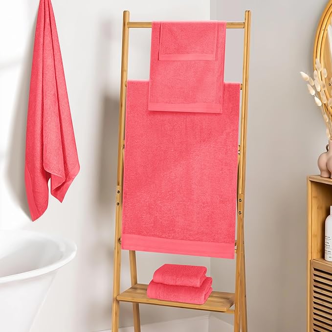 Ultra Soft 6 Pack Cotton Towel Set, Contains 2 Bath Towels 28x55 inch, 2 Hand Towels 16x24 inch & 2 Wash Coths 12x12 inch, Ideal Everyday use, Compact & Lightweight - Coral Orange