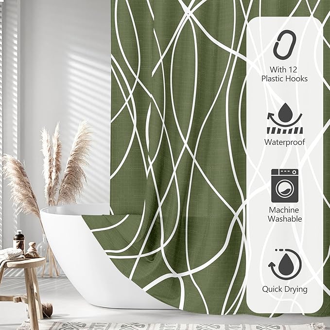 Tititex Morden140gms Faux Linen Fabric Bath Shower Curtain Set Textured Fabric with Olive White Curve Pattern 72x72 Inch Water Resistant Bathroom Curtains, Weighted Hem & Hooks for Hotel/Home