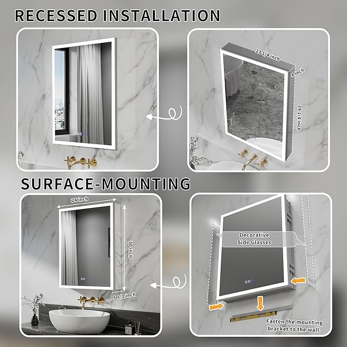 GroGro Lighted Medicine Cabinet with Mirror and Storage,24" W x 30" H LED Bathroom Medicine Cabinet with Mirror,Surface or Recessed Mounting,Defog,Dimming,3-Color Temperature,Left Opening Door