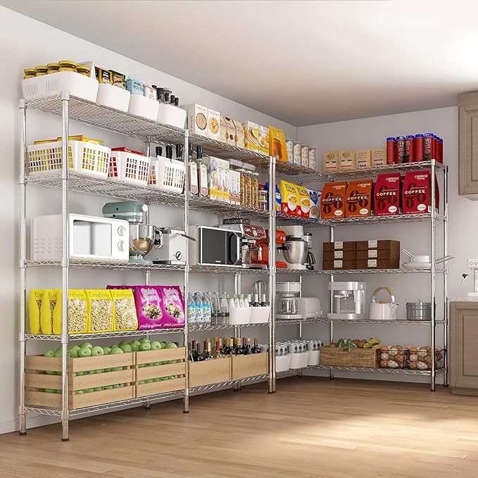 5 Tier Storage Racks Shelving, Heavy Steel Pantry Shelves, Adjustable Wire Shelving Rack, Suitable for Garage, Kitchens, Offices, 69.7" W x 16" D x 71" H, Chrome