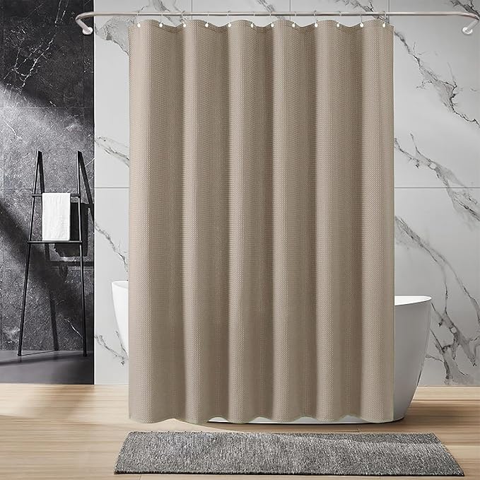 Inhousolu Fabric Shower Curtain Waffle Weave, 230 GSM Heavy Duty, Weighted Hem, 12 Metal Hooks, Water Repellent, Machine Washable, Hotel Spa Luxury Bath Curtain Set, 60 x 72 Inch, Beige