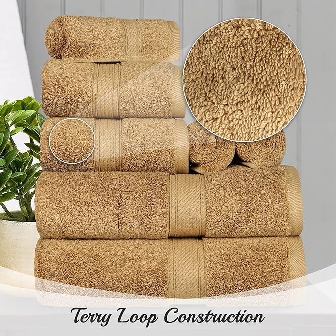 BLUENILEMILLS Madison Egyptian Cotton Towels, Towel Set for Bathroom, Shower, Hotel, Plush, 800 GSM, Highly Absorbent and Ultra-Soft Towels, Bath Essentials, 8 Piece Assorted Towel Set, Toast
