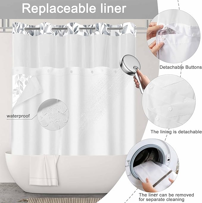 No Hook Shower Curtain and Liner Set, Blue Grey Eucalyptus Floral Shower Curtains for Bathroom, Bath Curtain Sets with Snap in Liner, Waterproof with See Through Top Window, 71x84 Inches