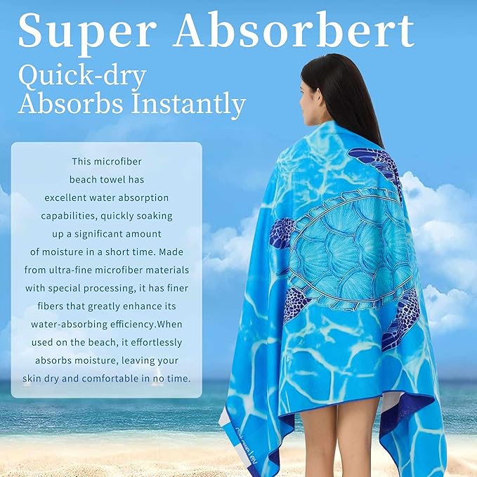 Microfiber Extra Large, Oversized Cute Turtle/Shark Beach Towels (70''x35'') - 2 Pack XL Quick Dry Striped Towels for Adults，Sand Free for Pool, Spa, Swim & Travel - Ultra Soft & Lightweight