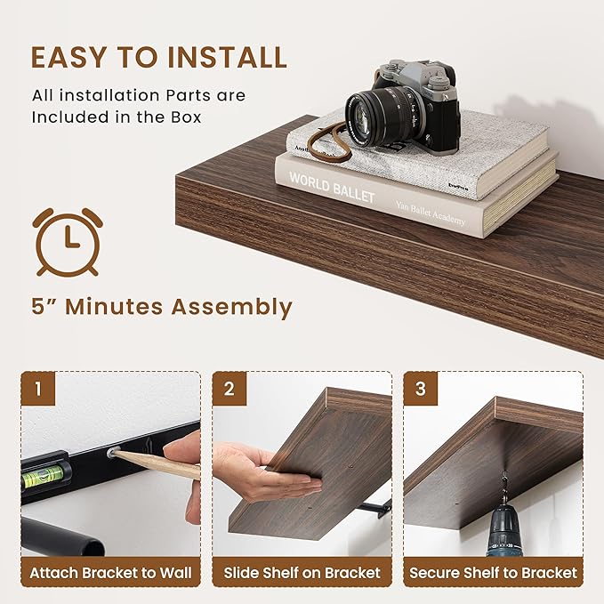 fuqing Floating Shelves for Wall, Wall Mounted Wood Floating Shelf with Invisible Brackets for Living Room, Bathroom, Bedroom, Kitchen Storage and Decor, 32 Inch Set of 2, Walnut