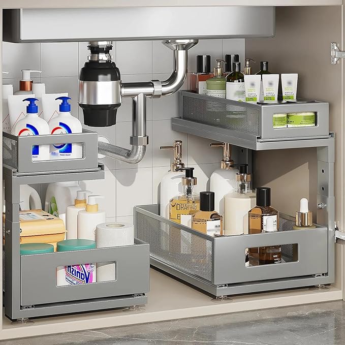 2 Pack 15.74IN-Depth Under Sink Organizer With Next-Gen Ball-Bearing Slides,2-Tier Pull Out Cabinet Storage,Height Adjustable Drawer Shelf for Bathroom,Kitchen,Laundry,Cabinet,Pantry-Gun Gray