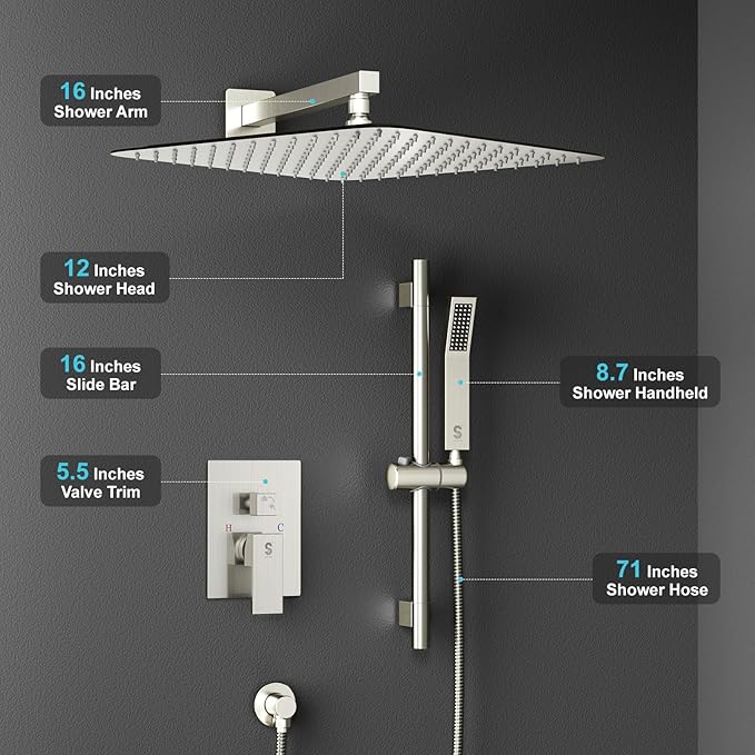 SR SUN RISE 12 Inch Square Shower System, Rain Shower Head and Slide Bar Handheld Shower Faucet Wall Mounted Combo Set Included Valve and Trim Kit for Bathroom, Brushed Nickel