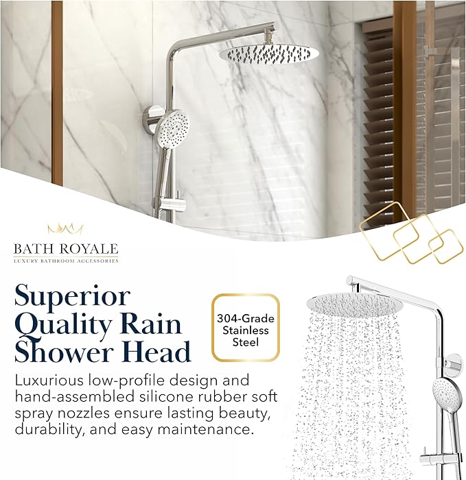 BATH ROYALE Rain Shower Head & Detachable Handheld Spray Combo, Easy Install & 3 Spray Modes, Brushed Gold
