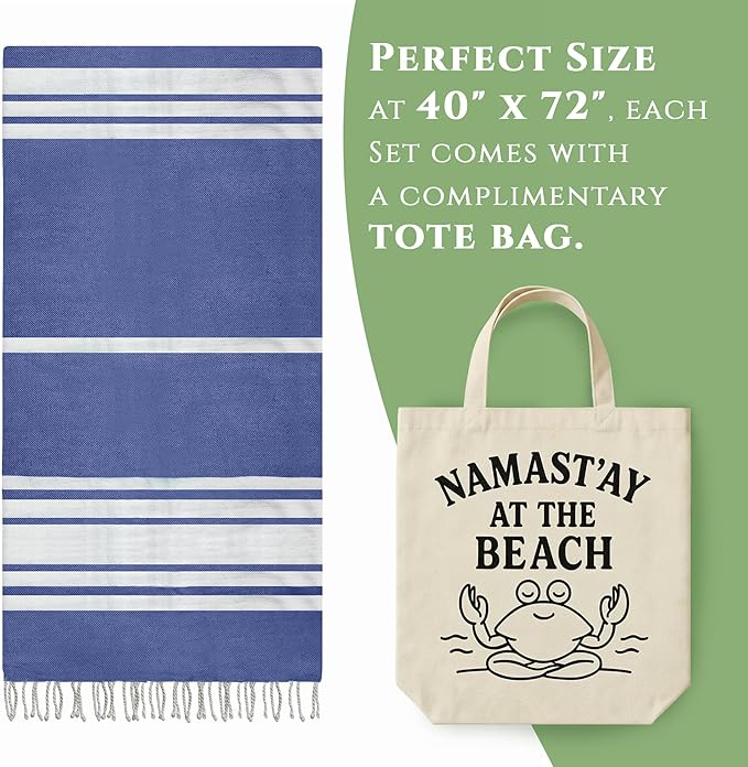 Turkish Cotton Beach Towel Pack of 4 & 1 Boho Tote Bag - Hammam Towels - No Shrink - Quick Dry - Lightweight - Sand Free - Camping - Pool - Beach Essentials - Blue,Gray,Purple, Navy (40"x70")