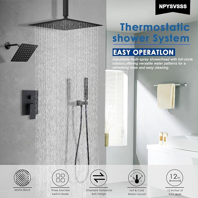 Shower System Dual Shower Heads with 12" Ceiling Mounted Rain Shower Head & 6" Wall Mounted Head Full Body Luxury Rain Shower System 3 Way Pressure Balance Valve Kit, Matte Black