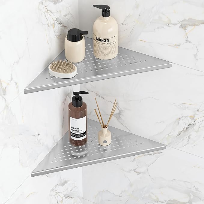 Corner Shower Shelves, 10” Recessed Tile Shower Shelf Brushed Nickel, 304 Stainless Steel Grout in Corner Tile Bathroom Shelves, No Drilling, 2 Pack