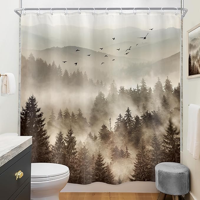 Riyidecor Foggy Mountain Shower Curtain 72Wx72H Inch Nature Abstract Scenery Pine Tree Rustic Misty Woodland Alpine Modern Landscape Natural Bathroom Decor Fabric Polyester Waterproof 12 Pack Hooks