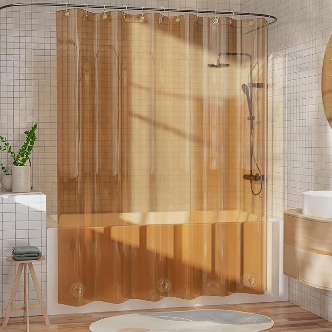 AmazerBath Shower Curtain Liner, EVA Clear Orange-Brown Heavy Duty Shower Curtain and Liner 2-in-1, 72x72 Luxury Plastic Weighted Bathroom Shower Liner, 12 Rustproof Grommets & 3 Heavyweight Stones