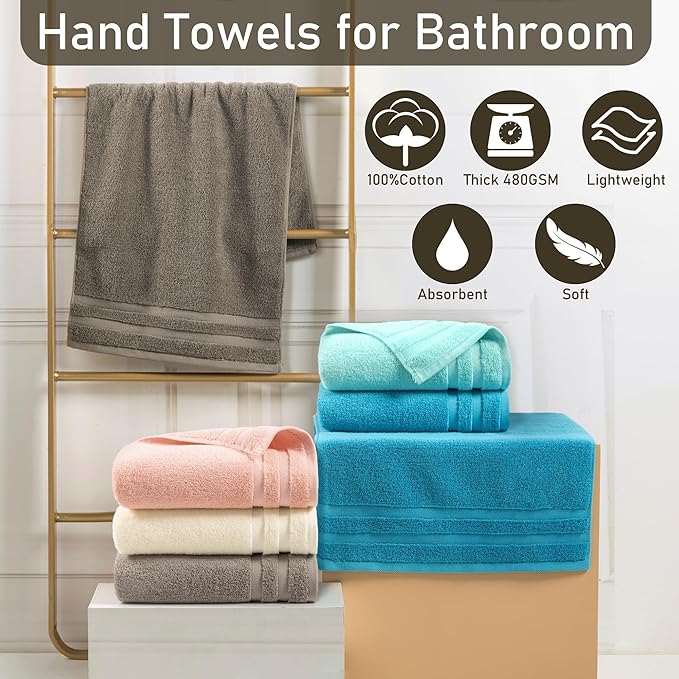 Hand Towels for Bathroom (4 Pack, 14"x30") - 100% Cotton | Thick 480GSM | Light Weight | Absorbent | Soft, Fluffy Hand towel for Showering & Guest Use, Bathroom Accessories & Home Decor, Brown