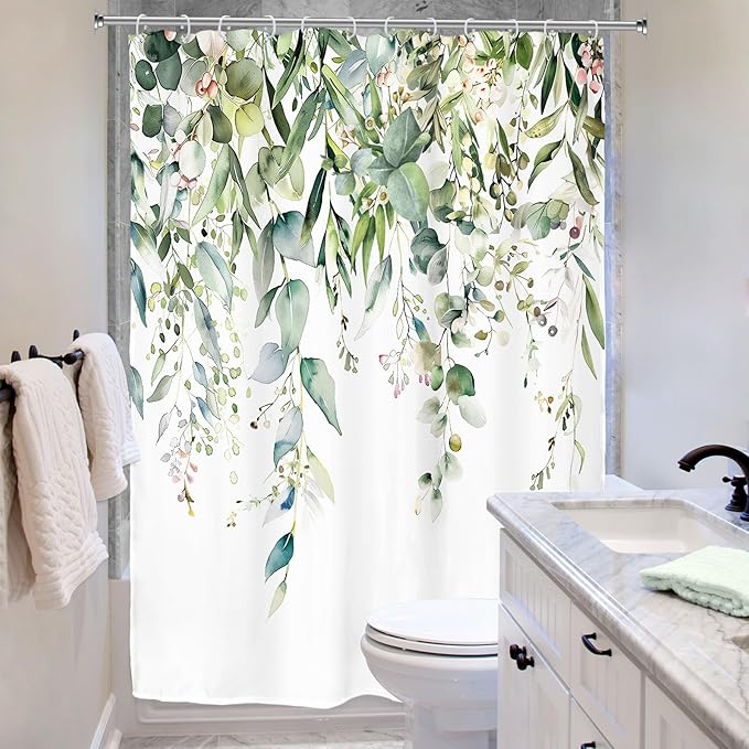 Riyidecor Small Green Eucalyptus Leaves Shower Curtain for Bathroom Decor 54Wx78H Single Standing Plants Watercolor Floral Rustic Botanical Art Printed Fabric Polyester Waterproof 12 Pack Plastic