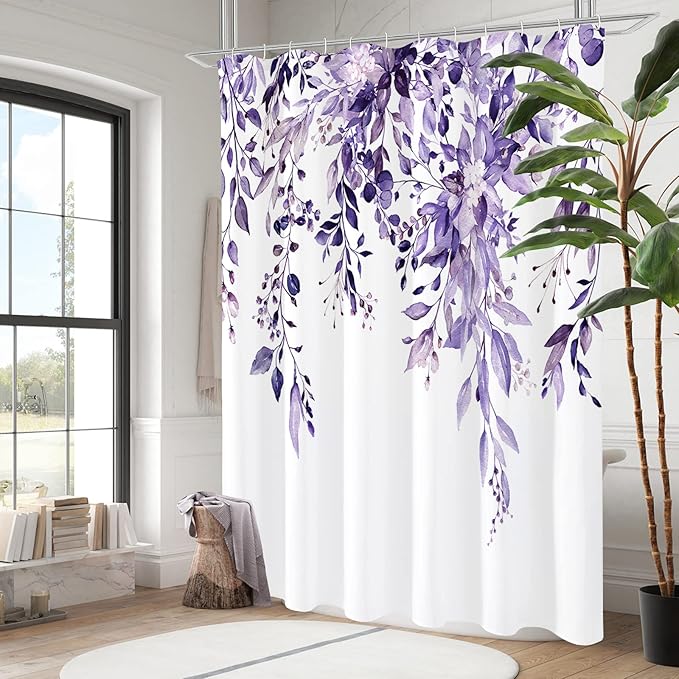 Gibelle Purple Eucalyptus Shower Curtain, Watercolor Plant Leaves with Floral Bathroom Shower Curtain Set, 72x72