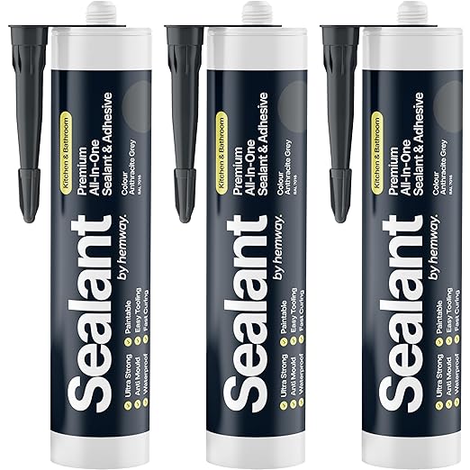 Anthracite Gray Kitchen & Bathroom Sealant & Adhesive Hybrid Polymer | Superior to Silicone Caulk Sealant | Waterproof, Odorless, Paintable | Ideal for Around Bathtub, Shower, Kitchen - 300ml 3 Pack