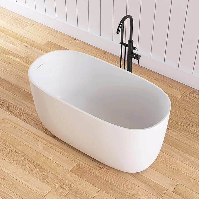 47" Stone Resin Freestanding Bathtub, Oval Solid Surface Bathroom Freestanding Tub, Thin Edge Stand Alone Tub with Integrated Slotted Overflow and Pop-up Drain, Matte White AMG025-1200