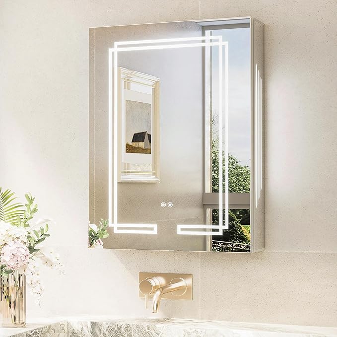 TokeShimi Lighted Medicine Cabinet 20x26, 3 Color Tempered LED Medicine Cabinet Mirror with Storage and Defogger, Stepless Dimming, CRI 80+ Anti-Fog, Memory Funtion, Wall Make up Mirror for Bathroom