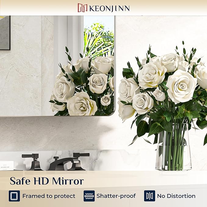 Keonjinn 20 x 32 Inch Chrome Medicine Cabinets for Bathroom with Mirror Adjustable Shelves Stainless Steel Framed Rounded Rectangle Single Door Surface Wall Mounted Silver Bathroom Storage Cabinet