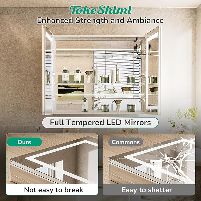 TokeShimi 16x24 Surface Mount or Recessed Medicine Cabinet with Lights 3 Colors Dimmable, Led Medicine Cabinet Mirror with Outlet and Defogger,2-Side Front Lit Bathroom Mirror with Storage