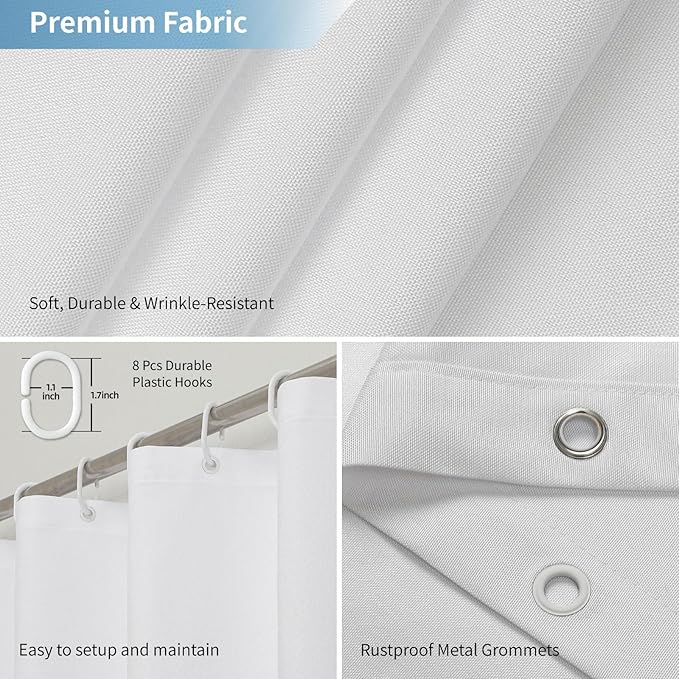 2-in-1 stall Fabric Shower Curtain or Liner,Breathable TPU & Washable,54 Inch Narrow Linen Textured Bathroom Shower Curtain Set with 8 Plastic Hooks,Modern,54"x72",White