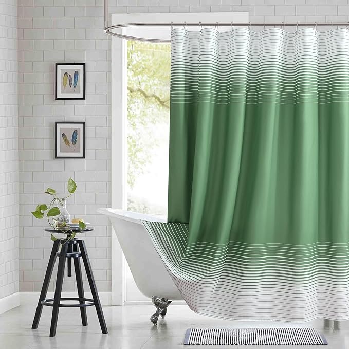Green Shower Curtain, Sage Green and White Gradient Horizontal Stripe Waterproof Polyester Shower Curtains for Bathroom, 72x72 Inches